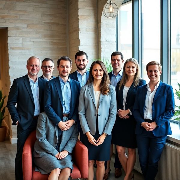 Grupni portret tima od osam profesionalaca u modernom uredu